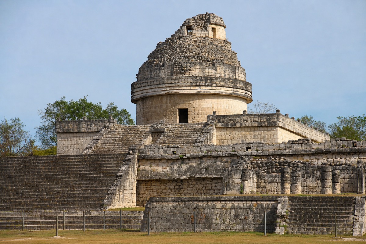 El Caracol, the round Maya observatory at Chichen Itza, against a blue sky