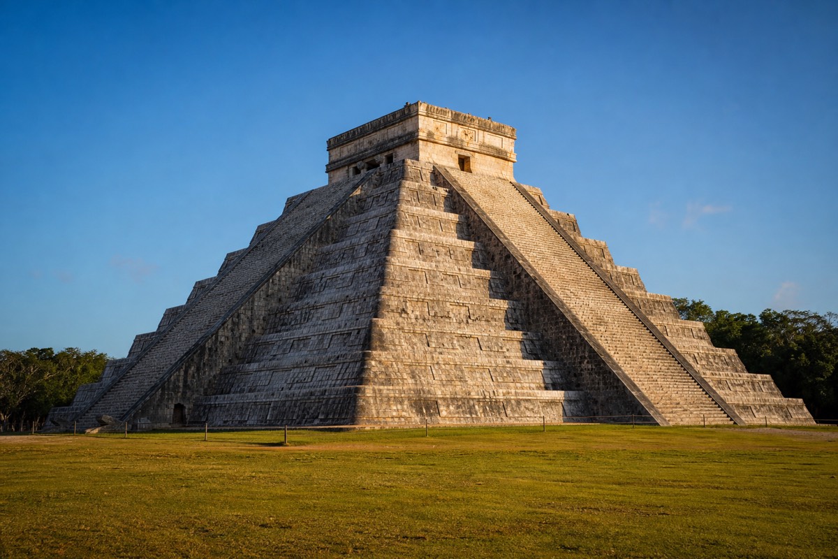 Wide view of El Castillo pyramid dominating the open plain at Chichen Itza under a bright sky