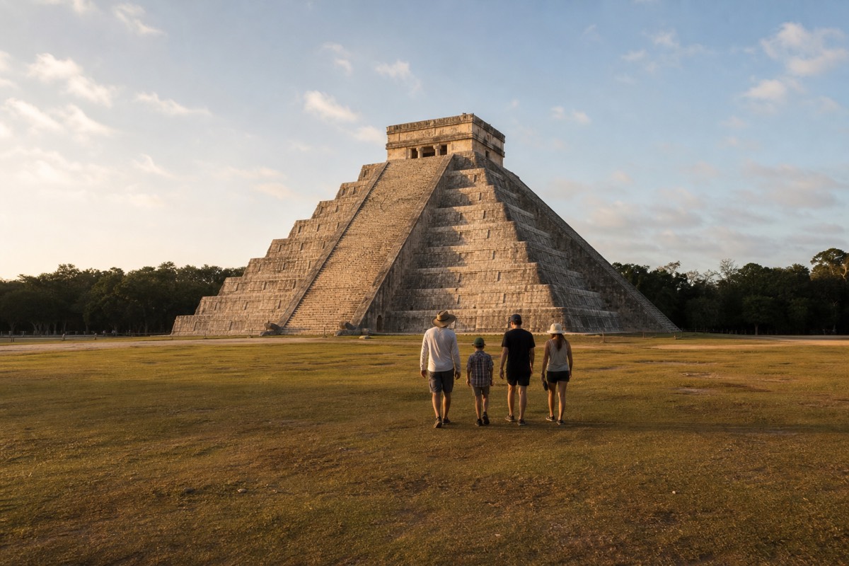 A family exploring Chichen Itza on a private tour