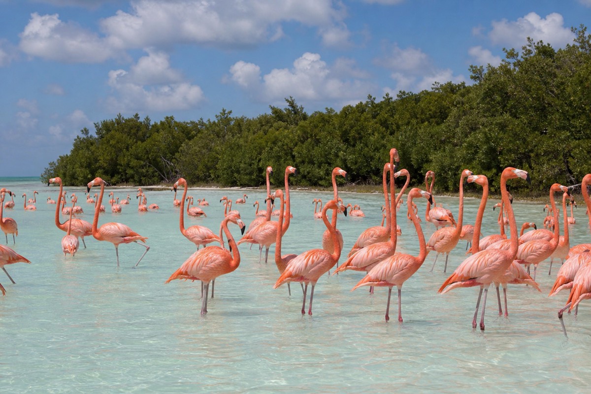 Pink flamingos wading in the shallow waters of Rio Lagartos near Chichen Itza